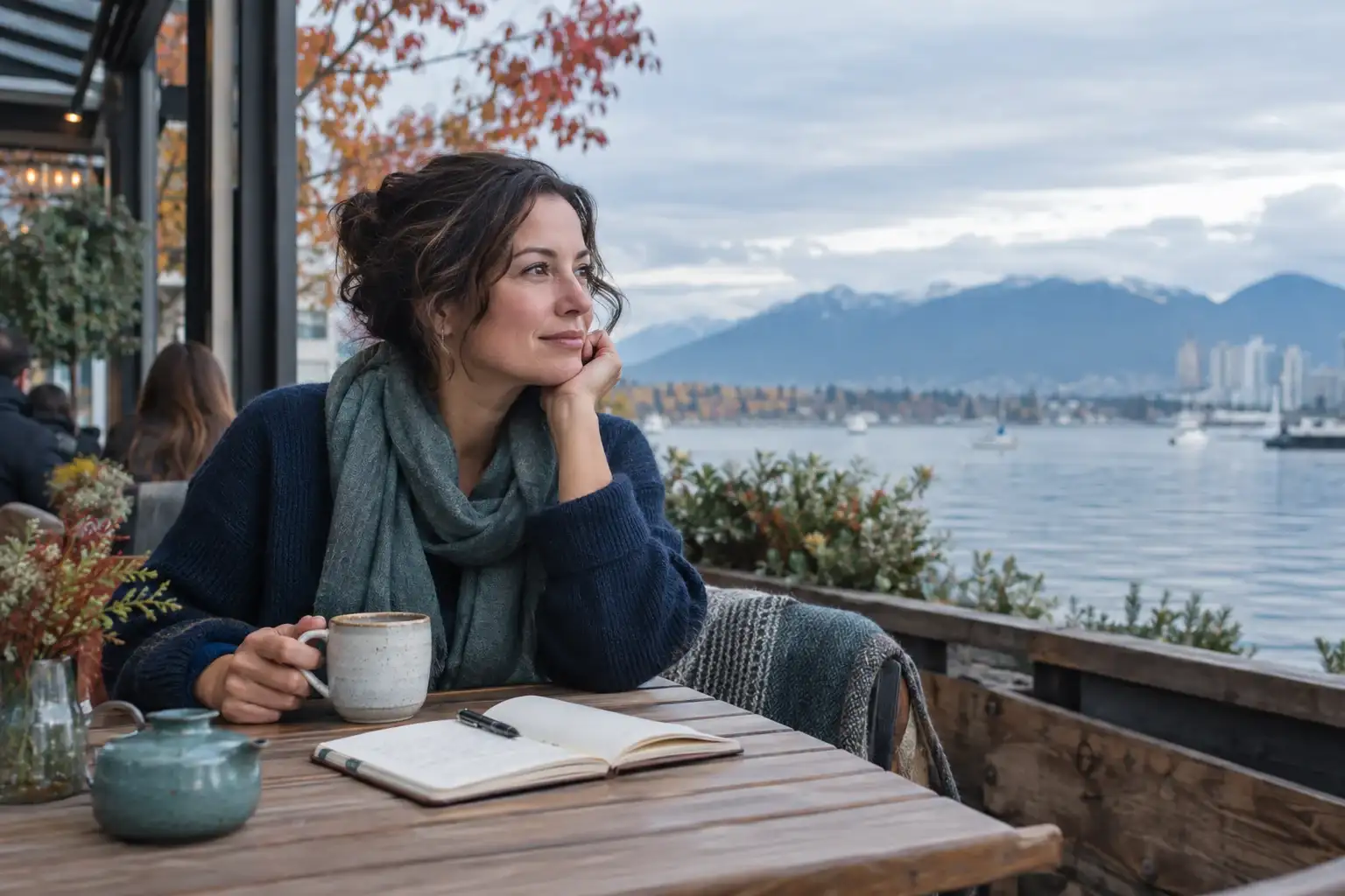 A woman reflecting with a notebook at a Vancouver waterfront café