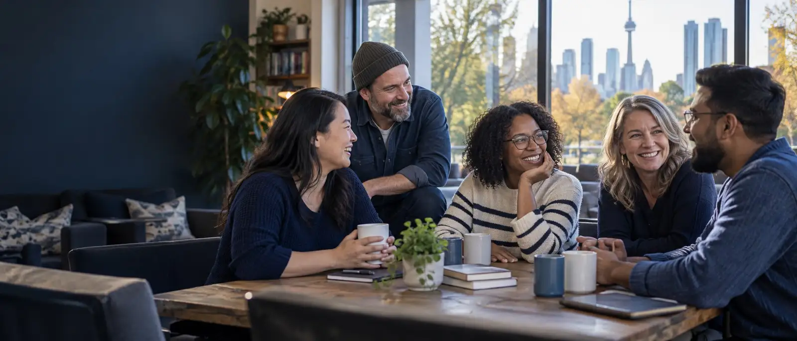 A welcoming group of Canadian adults sharing conversation and support