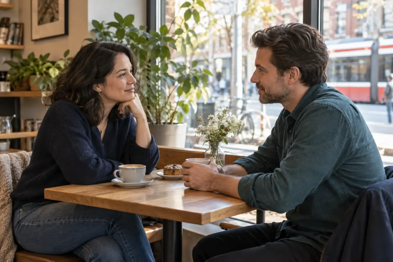Two adults having a calm conversation in a Toronto café