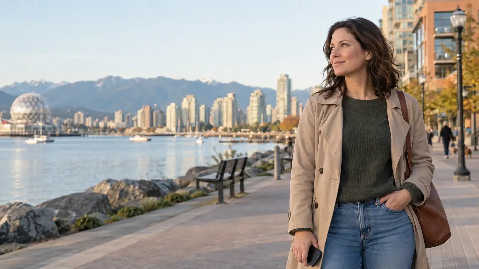 A confident woman walking beside the Vancouver waterfront