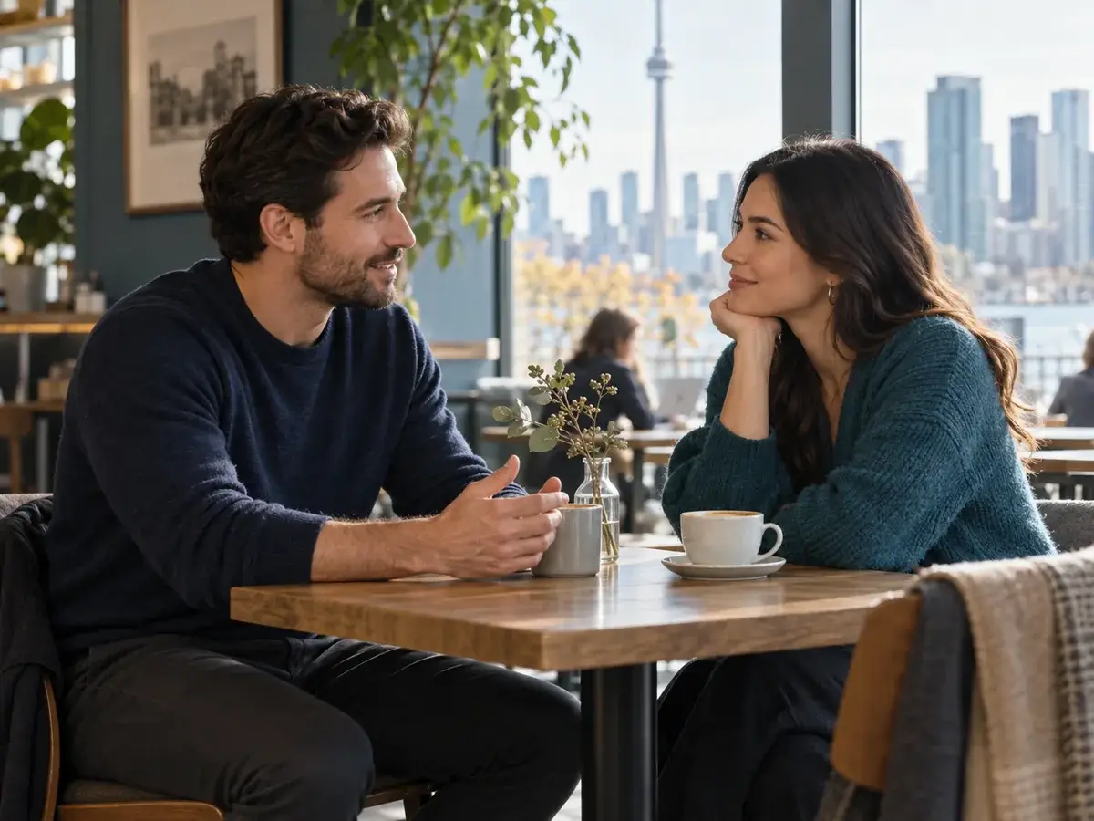 Two adults having a calm conversation in a waterfront cafe