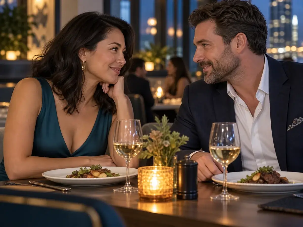 A couple sharing a relaxed dinner conversation
