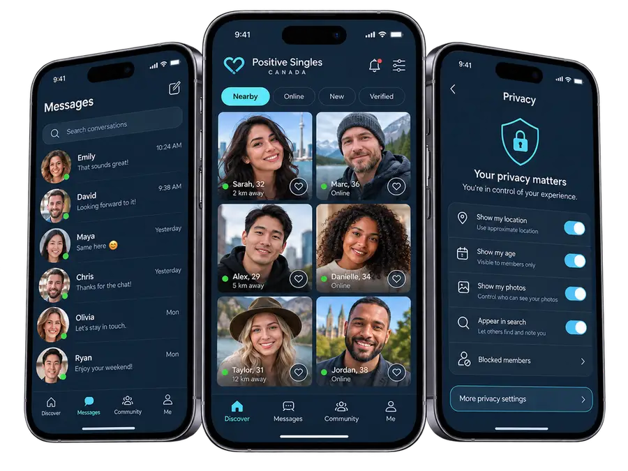 PositiveSingles mobile app shown across discovery, messaging and privacy screens