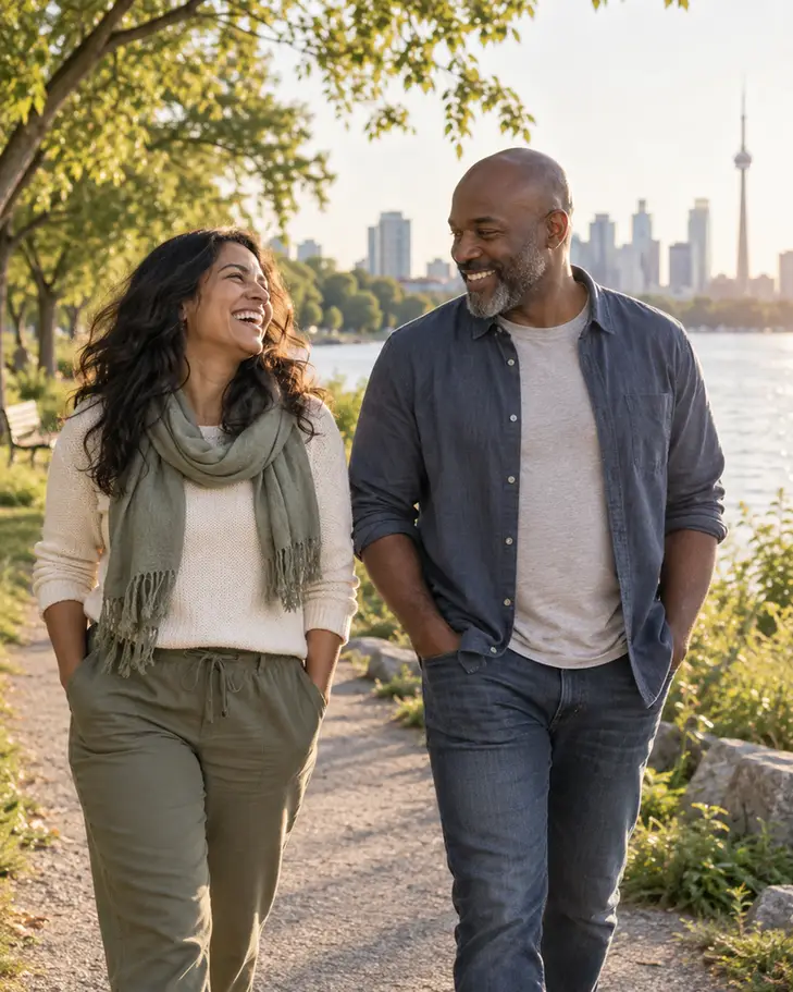 Two friends laughing together during a waterfront walk