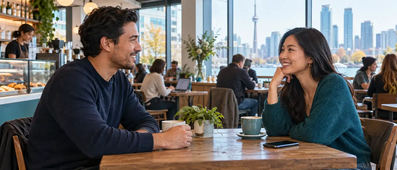 Two adults meeting at a welcoming public cafe