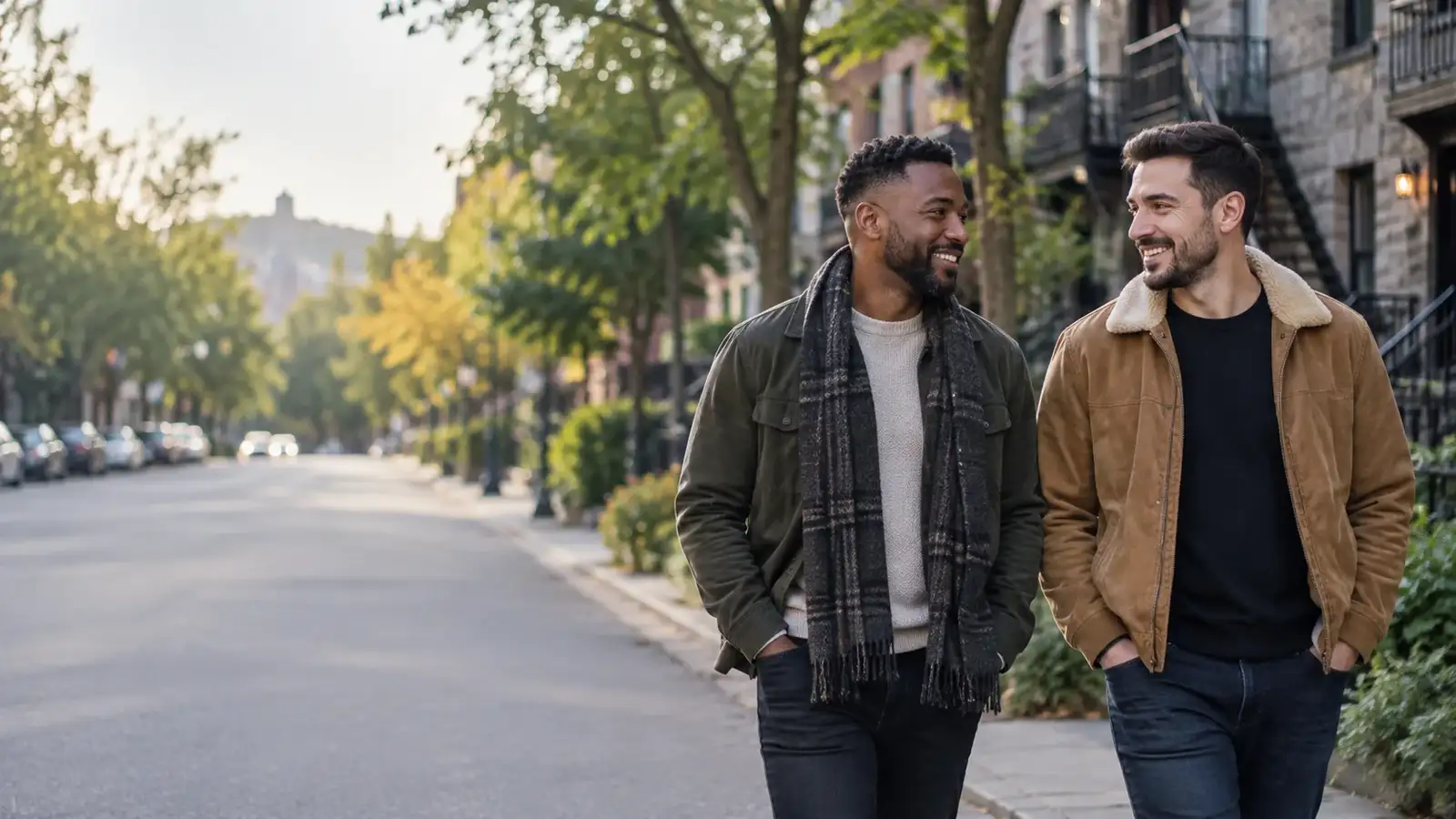 Two men walking together on a Montreal street