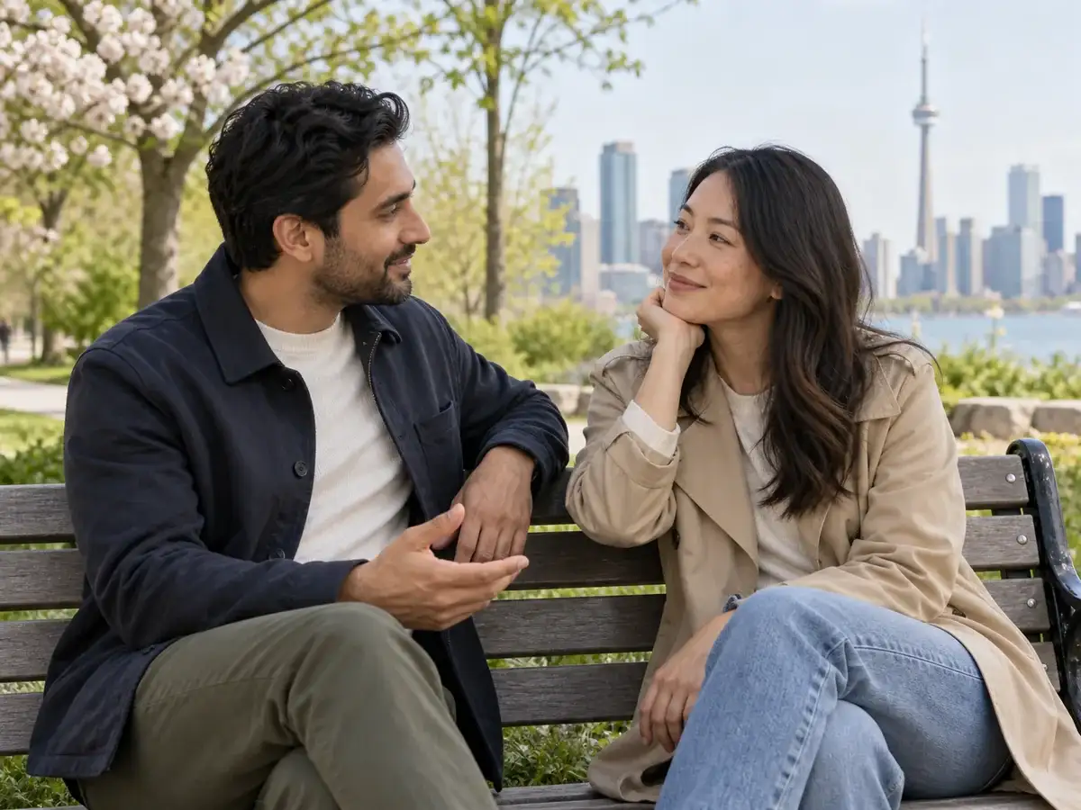 Two adults talking together in a Toronto park