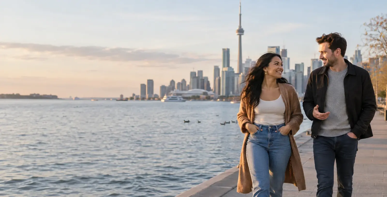 Two adults walking together beside the Toronto waterfront