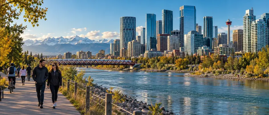 Calgary skyline beside the Bow River and Rocky Mountains