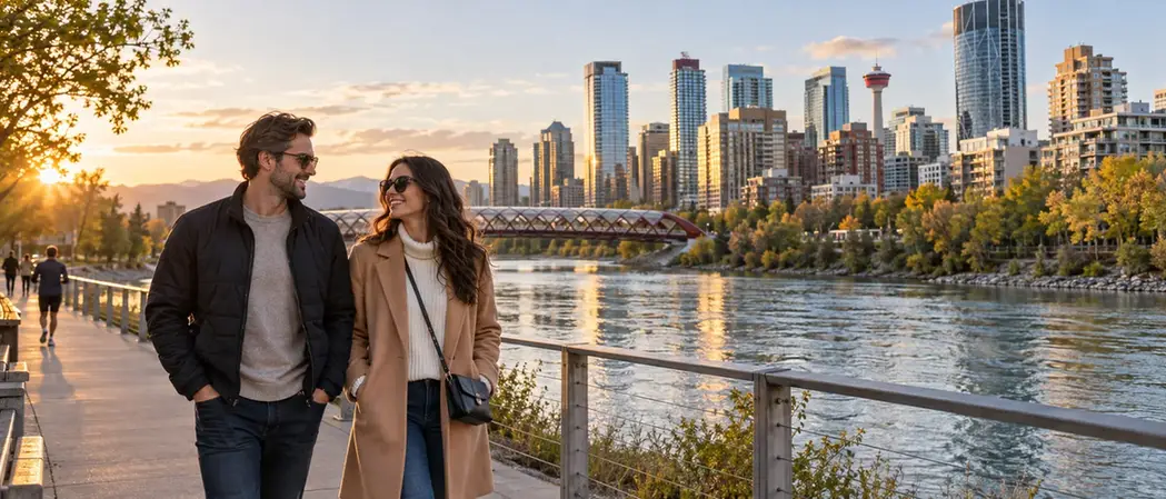A couple walking along the Bow River pathway in Calgary