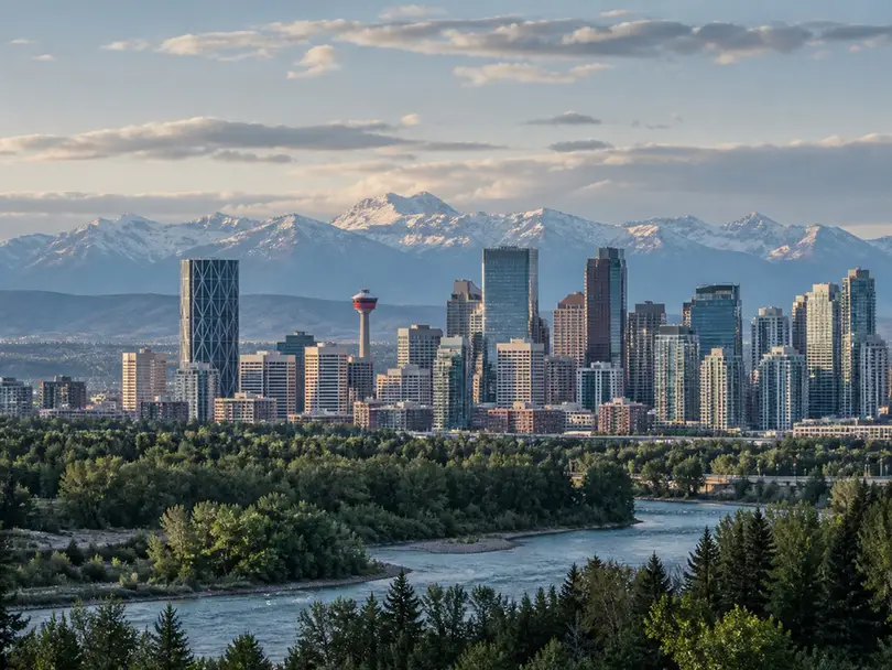 Calgary skyline with the Rocky Mountains in the distance