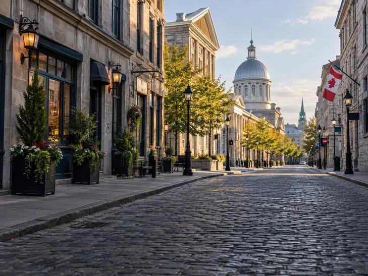 Historic stone buildings on a quiet Old Montreal street