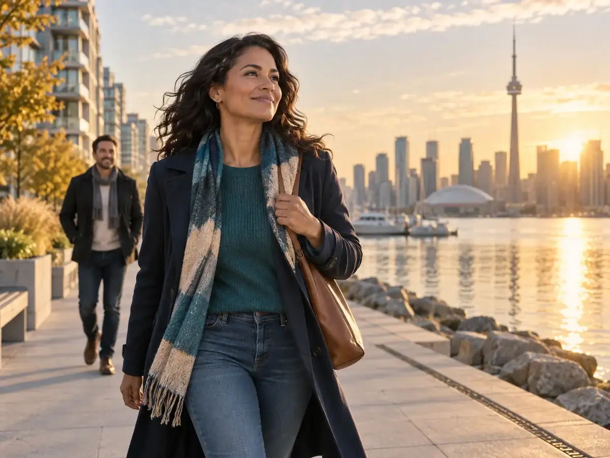 A confident woman walking beside the Toronto waterfront