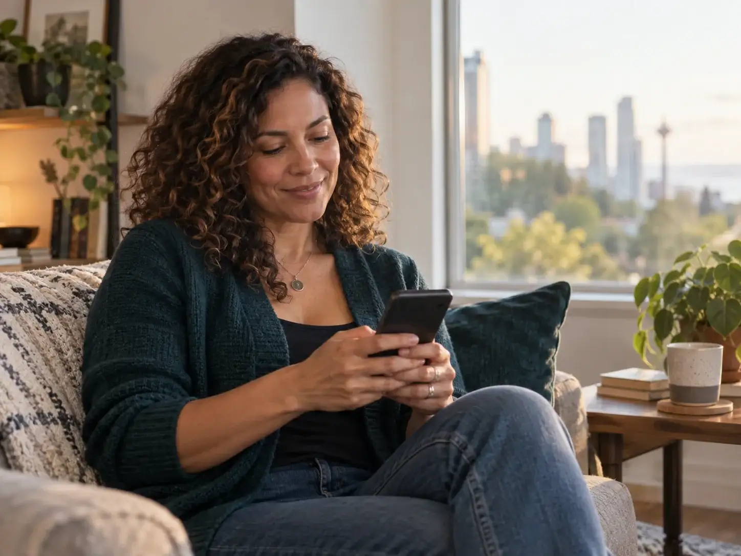 A woman calmly managing her privacy while using a smartphone at home