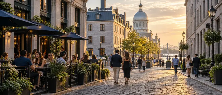 Historic architecture and cafe terraces in Old Montreal