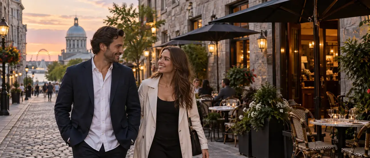 A couple strolling through Old Montreal