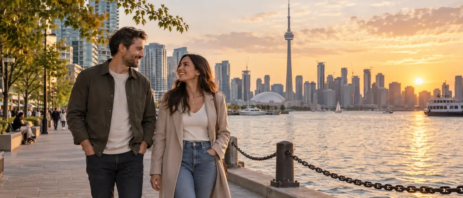 A couple enjoying a waterfront walk in Toronto