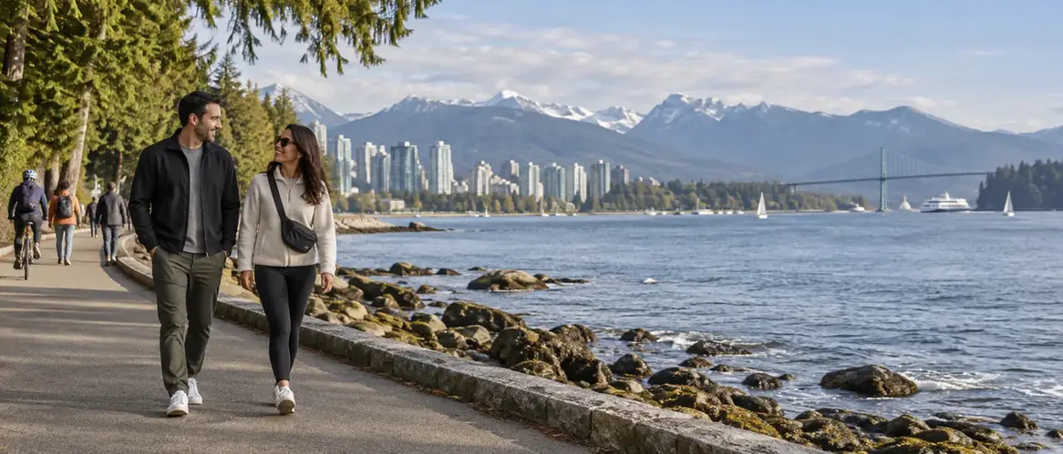A couple walking beside the water in Vancouver